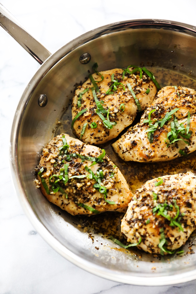 skillet pan fried chicken breast with lemon and herbs