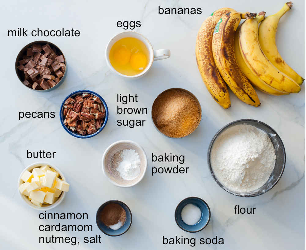 banana bread recipe ingredients, cinnamon, ginger, sugar, syrup, banana, salt, brown sugar