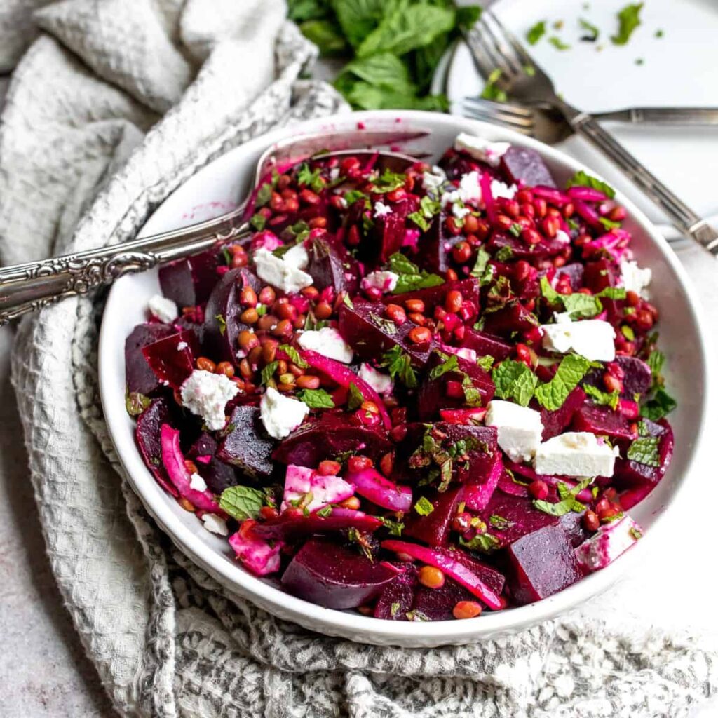 beetroot salad with feta cheese, healthy meals