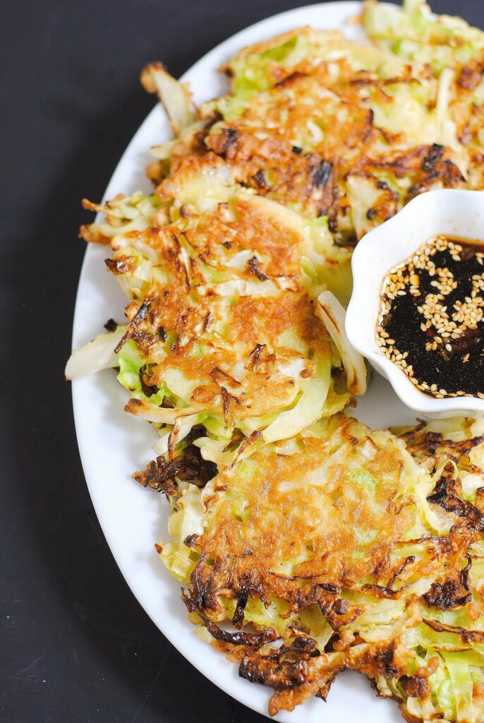 cabbage pancake with soy sauce dip, healthy vegetables, easy dinner