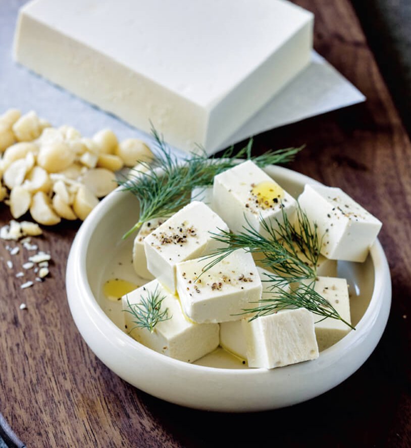 feta cheese in a white bowl with olive oil, vegan meals, easy dinner