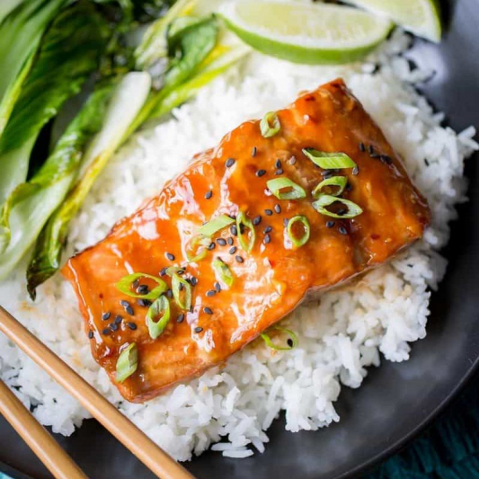 Easy Teriyaki Salmon recipe served with Rice 