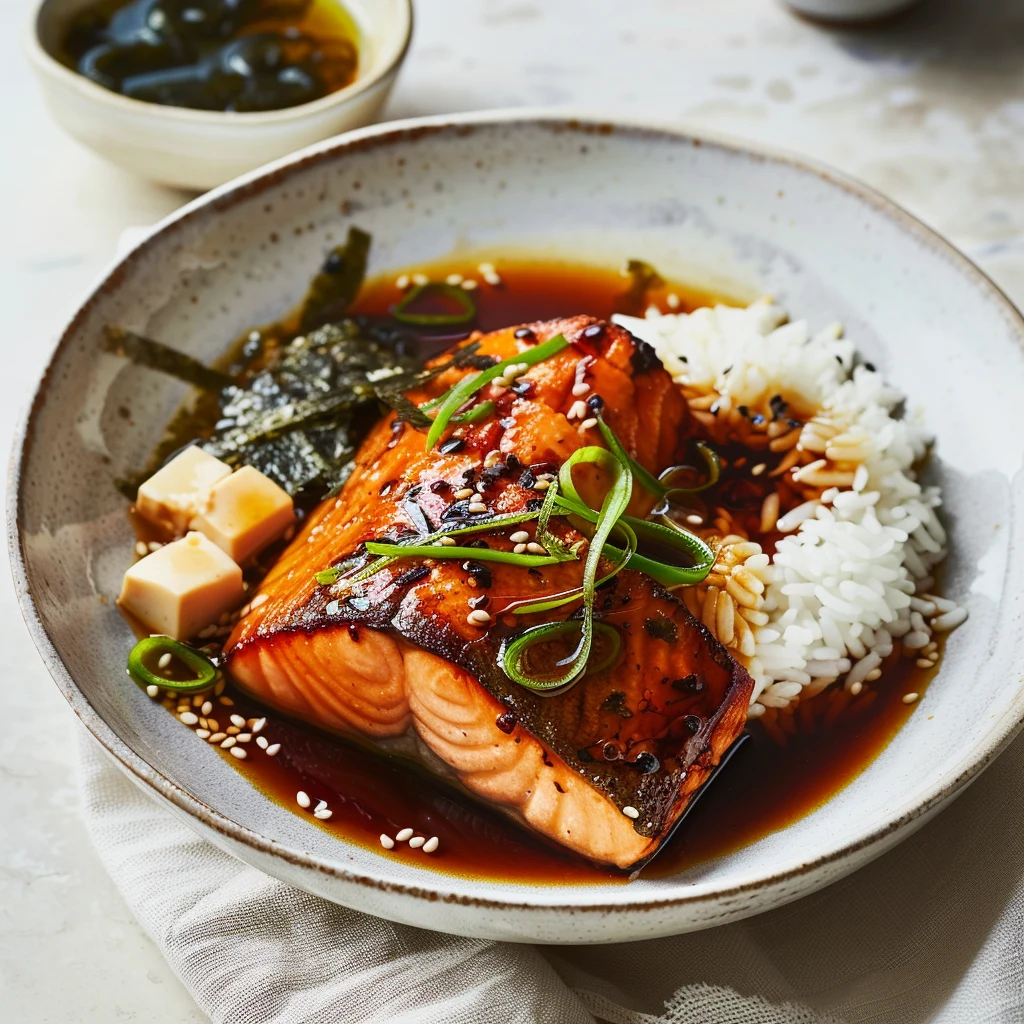 Teriyaki salmon with rice and miso soup 