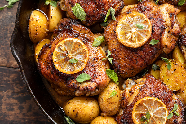 delicious harissa chicken recipe with lemon and potatoes. An easy Sunday lunch for the family.