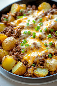 easy one pan skillet beef and potato recipe with melted cheese