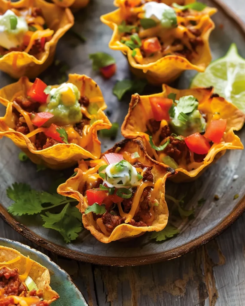 easy beef taco cups topped with melted cheese and chopped tomatoes served on round plates on a table