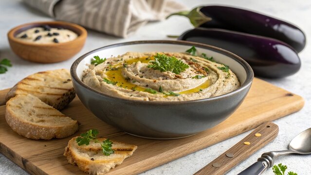 Easy homemade baba ganoush served in a round bowl with toast bread on a chopping board with fresh eggplants in the background