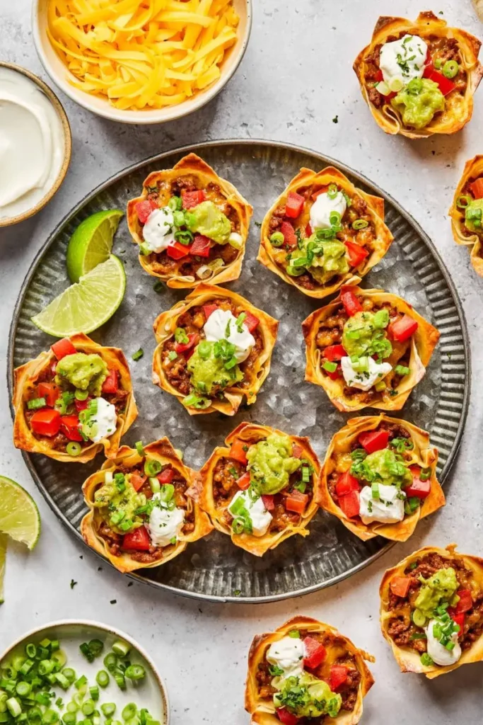 min beef taco cups topped with quacamole, cream cheese and chopped tomatoes served on a round tray on a table with grated cheese in the background.