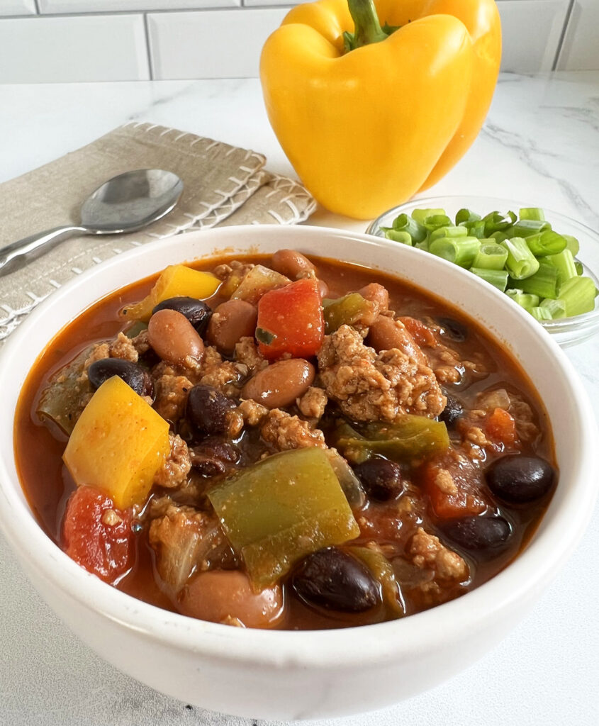 Easy Instant Pot Turkey Chili recipe served in a white bowl